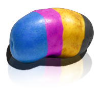 A potato printed in cyan, magenta and yellow